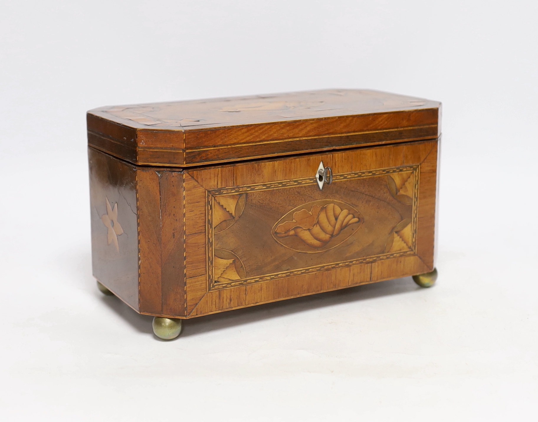 An early 19th century shell inlaid cross banded mahogany tea caddy, 26cm wide